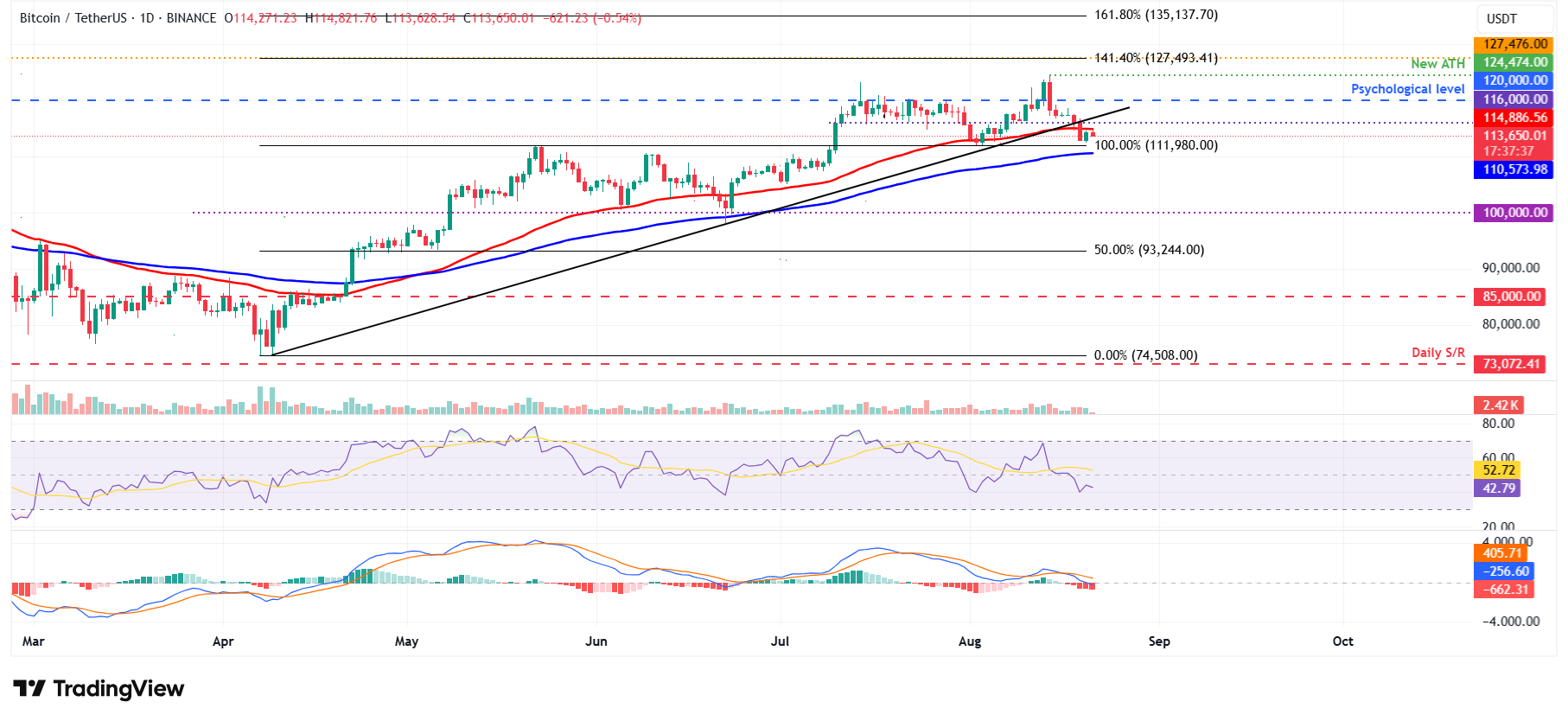 الرسم البياني اليومي لزوج BTC/USDT 