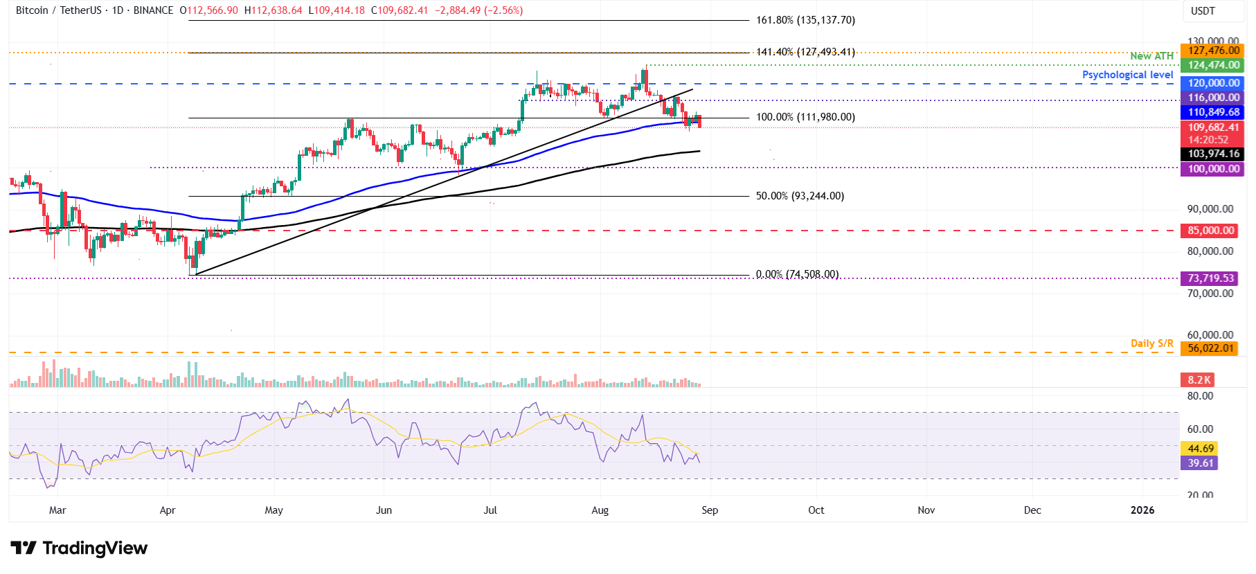 الرسم البياني اليومي لزوج BTC/USDT