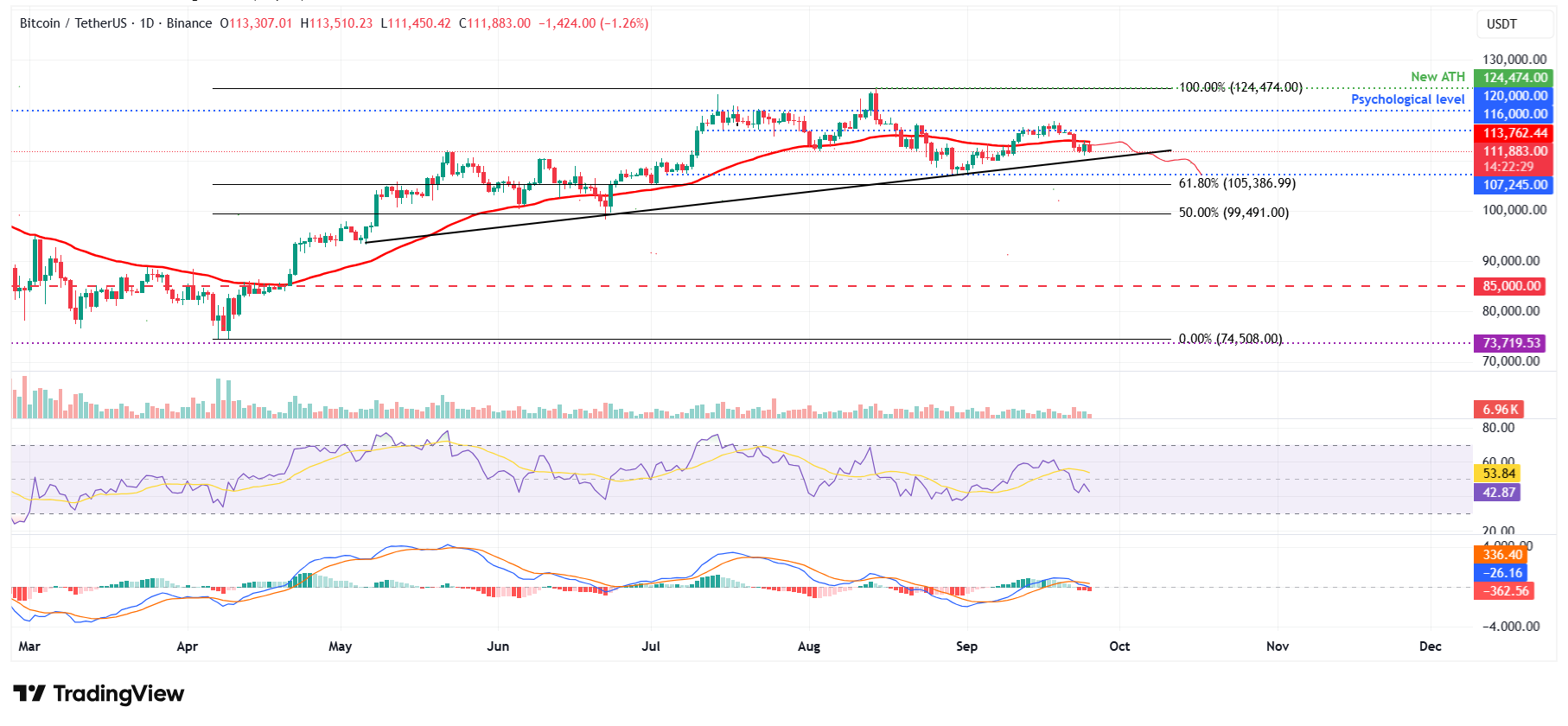 الرسم البياني اليومي لزوج BTC/USDT 