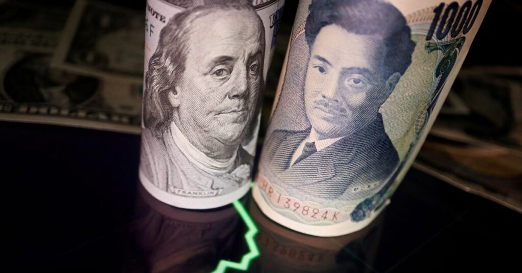 Illustration picture of Japanese yen and U.S. dollar banknotes