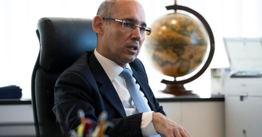 Bank of Israel Governor Amir Yaron gestures while he speaks during his interview with Reuters in Jerusalem