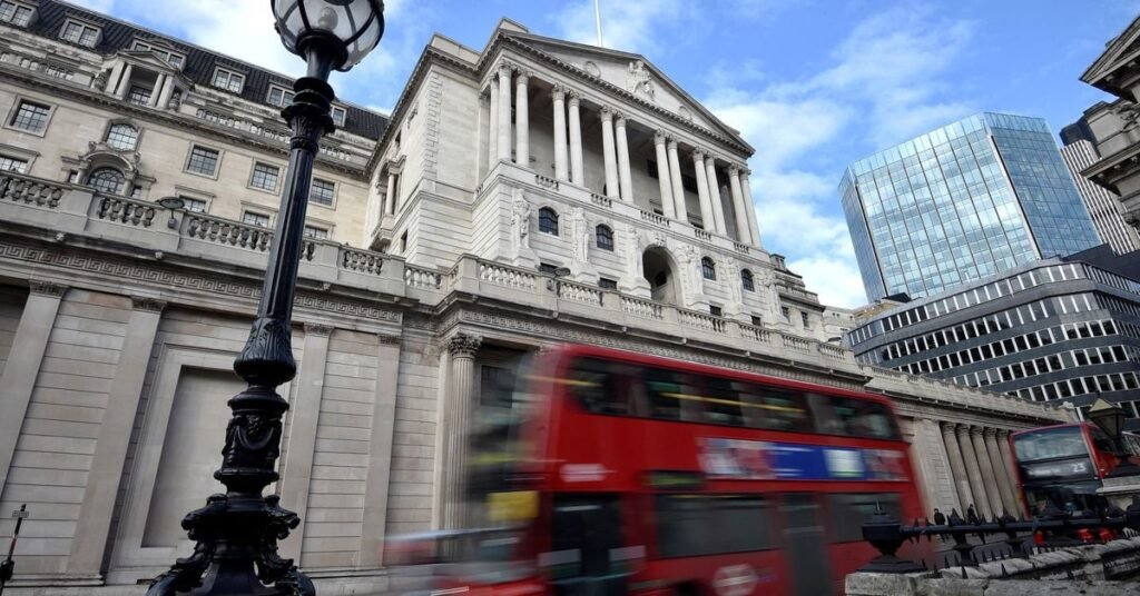 A bus passes the Bank of England in the City of London