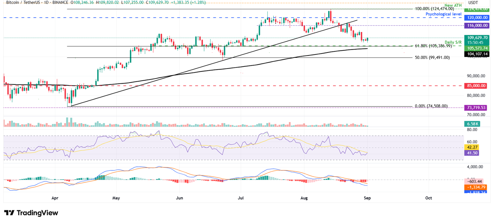 الرسم البياني اليومي لزوج BTC/USDT 
